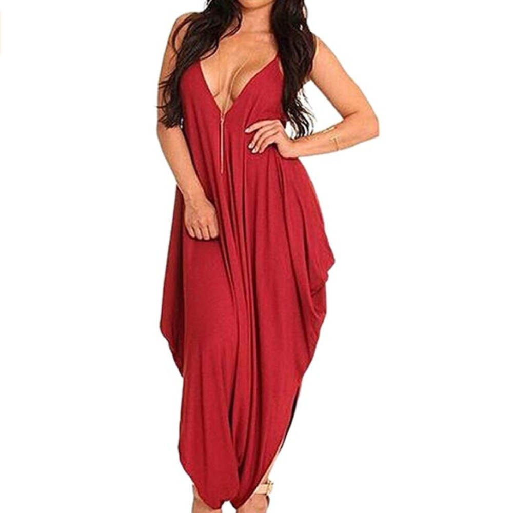 Red Deep V Sleeveless Casual Jumpsuit